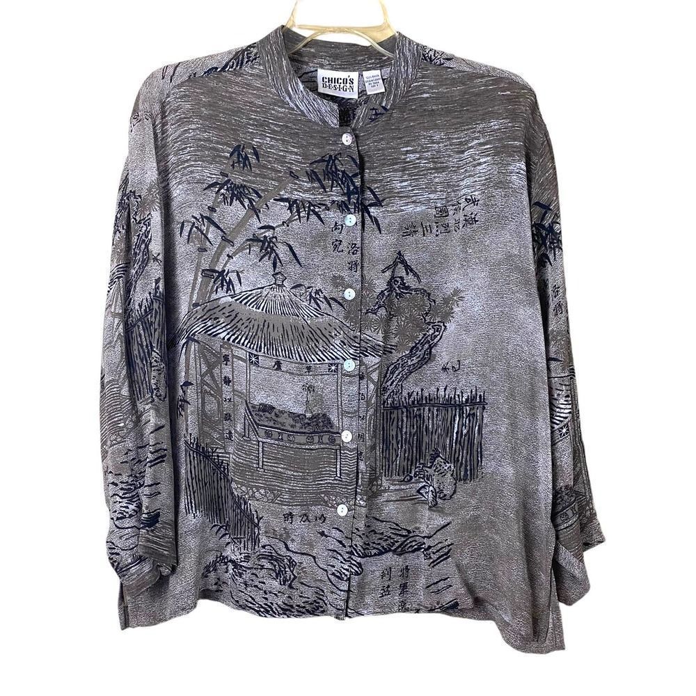 Vintage Chico's Japanese Print Rayon Button Up Blouse RARE